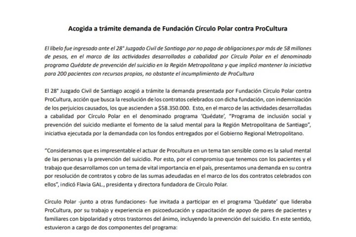 Acogida a trámite demanda de Fundación Círculo Polar contra ProCultura